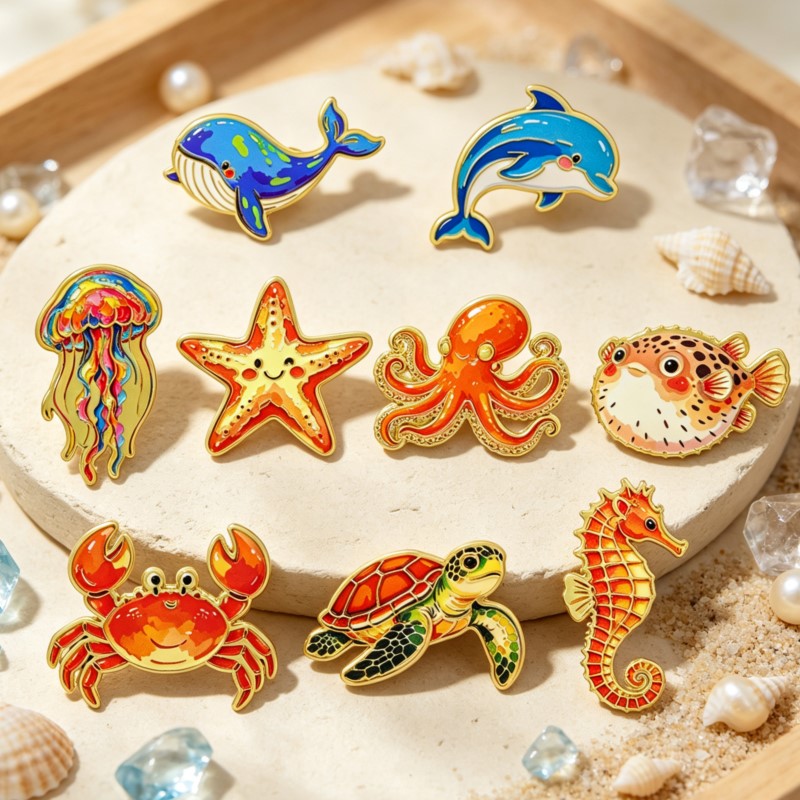 Enamel Pin Set - 鮮やかな海の生き物エナメルピン、キュートな海の生き物ブローチ、ラペルバッジ、バックパック、帽子、コート用、海洋生物ファッション、ホリデーギフト、子供向け