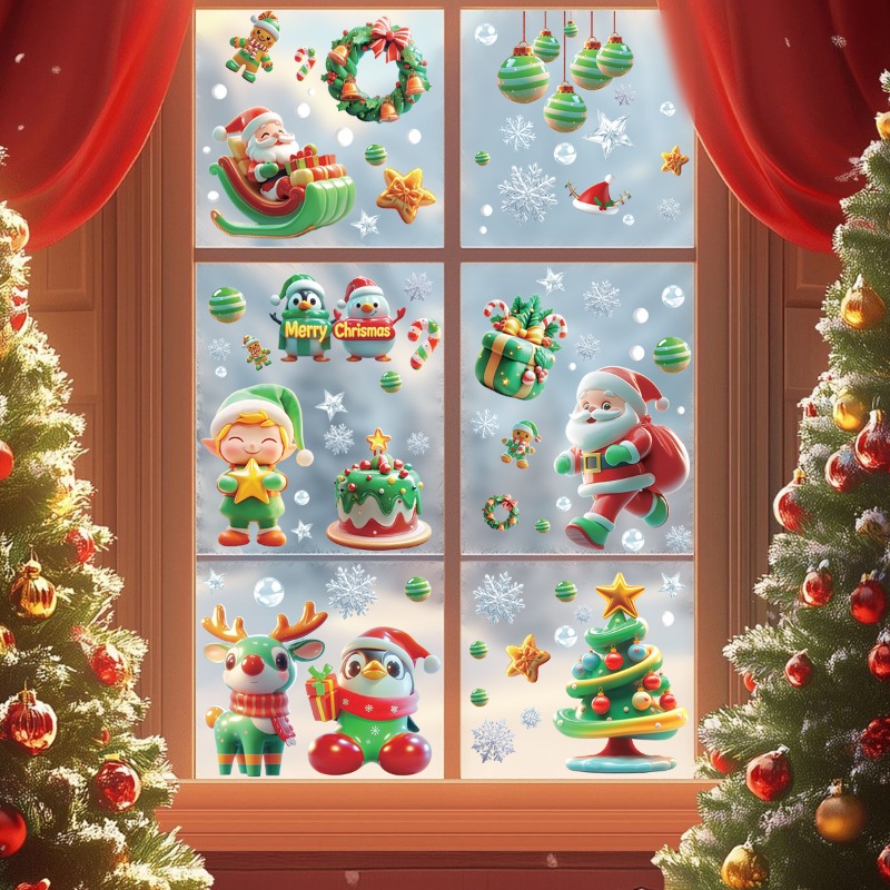 Sticker Sheet Set - 9枚/セットのクリスマスツリー雪だるま静電ガラスドアステッカー、取り外し可能なウィンドウステッカー、新年シーンの装飾
