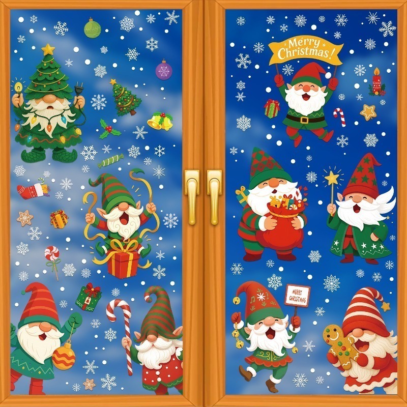 Sticker Sheet Set - サンタクロース、エルフ、雪の結晶の静電ステッカー、クリスマスガラス窓ステッカー、パーティー装飾9枚/セット