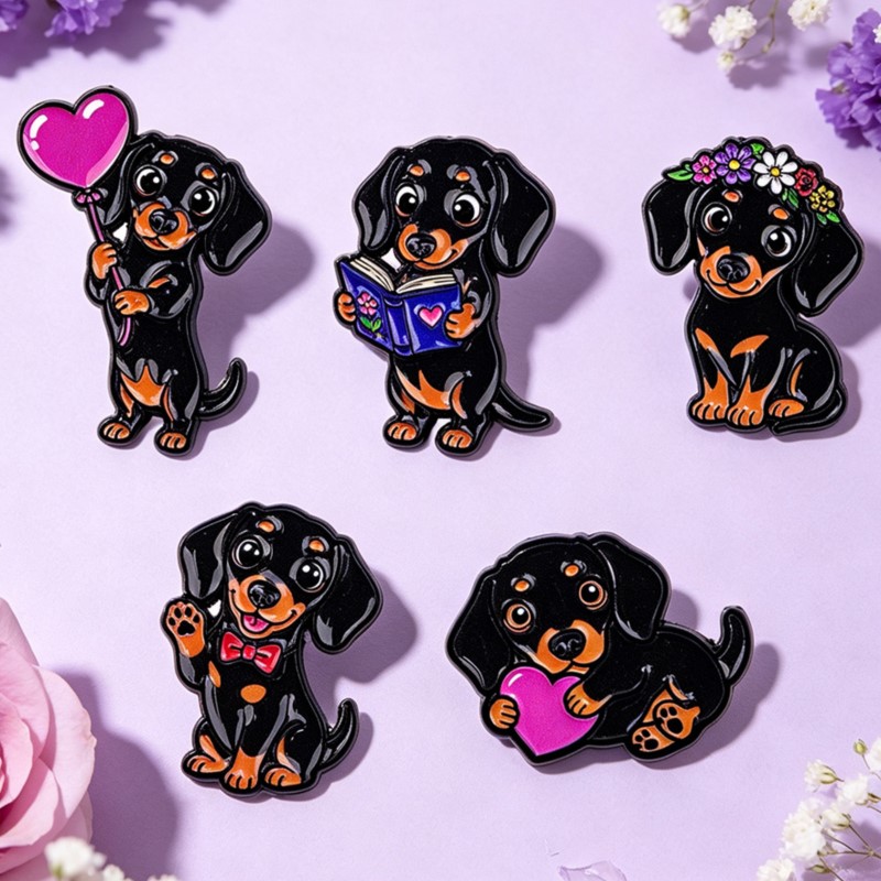 5 個のかわいいダックスフントエナメルピンセットハートフラワ - Enamel Pin Set のレビューと価格