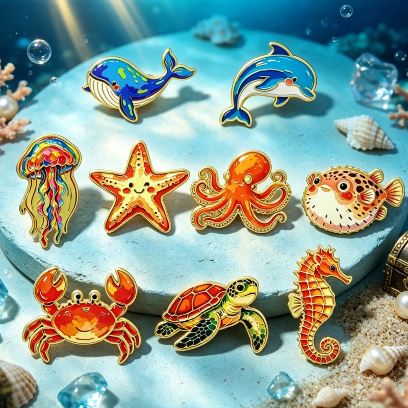 鮮やかな海の生き物エナメルピン、キュートな海の生き物ブローチ - Enamel Pin Set のレビューと価格