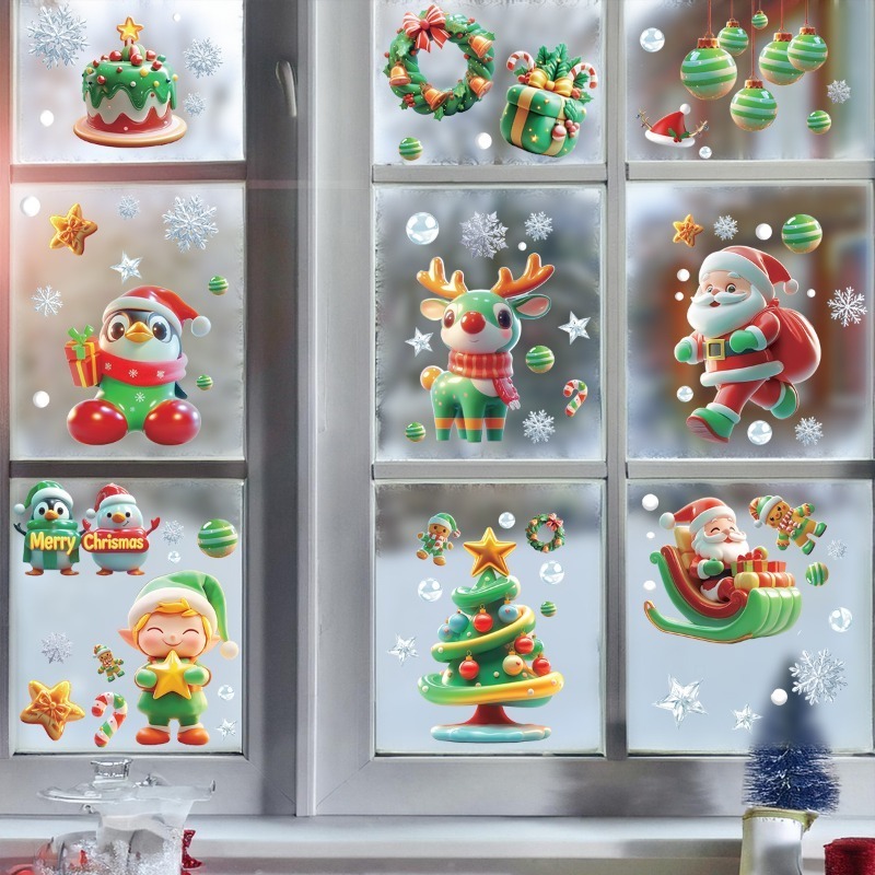 9枚/セットのクリスマスツリー雪だるま静電ガラスドアステッカ - Sticker Sheet Set のレビューと価格