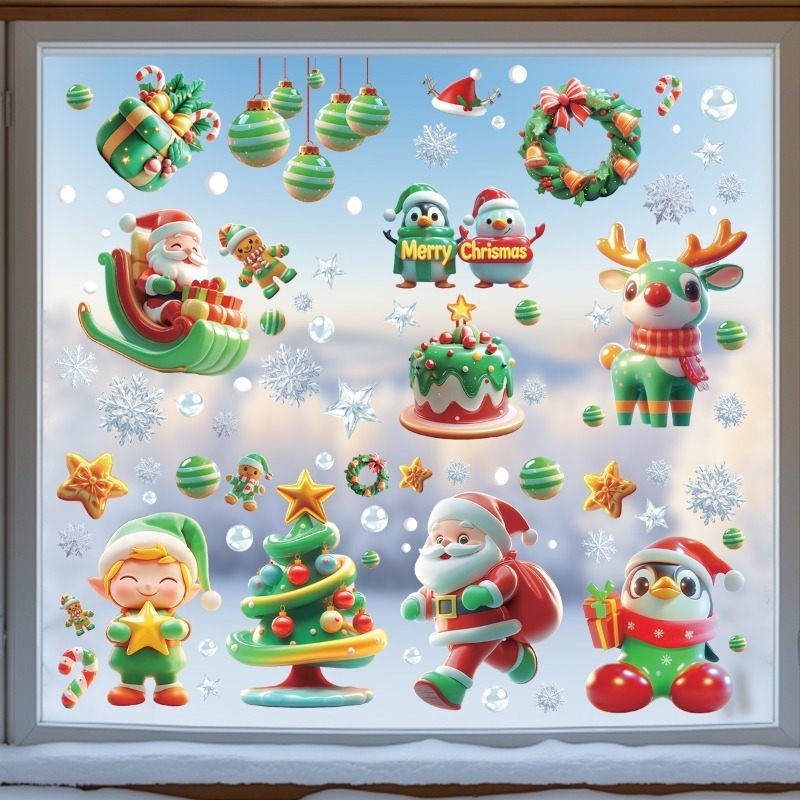 9枚/セットのクリスマスツリー雪だるま静電ガラスドアステッカ - Sticker Sheet Set のレビューと価格