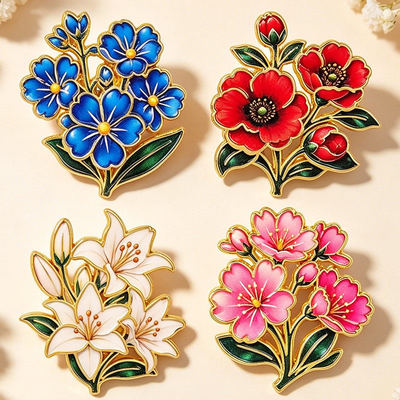 かわいいヴィンテージカラフルな花柄エナメルピンユリチェリーポ - Enamel Pin Set のレビューと価格