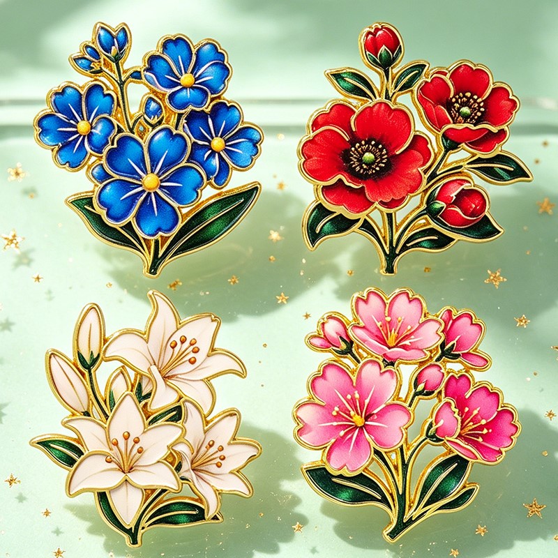 かわいいヴィンテージカラフルな花柄エナメルピンユリチェリーポ - Enamel Pin Set のレビューと価格