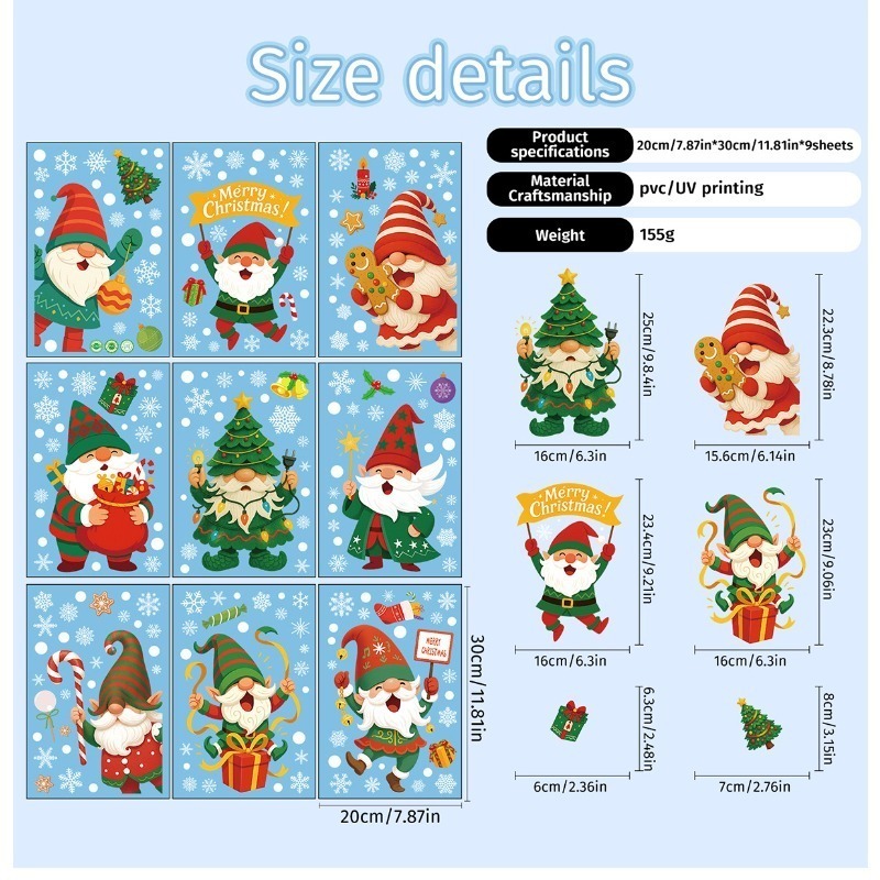 サンタクロース、エルフ、雪の結晶の静電ステッカー、クリスマス - Sticker Sheet Set のレビューと価格